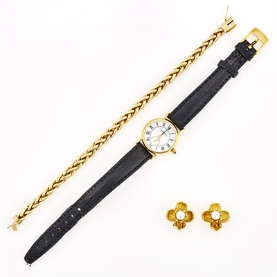 Lot 1272 - Tiffany & Co. Pair of Gold and Cultured Pearl 'Dogwood' Earclips, Bracelet and Wristwatch