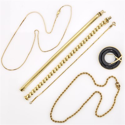 Lot 1274 - Three Gold Bracelets, Two Chain Necklaces and Gold and Black Onyx Brooch