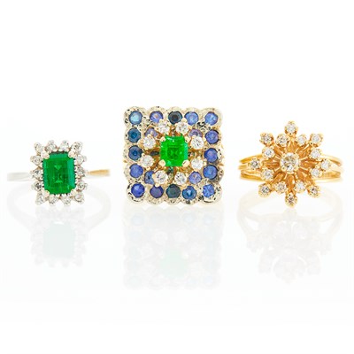 Lot 1260 - Three Yellow and White Gold, Emerald, Sapphire and Diamond Rings