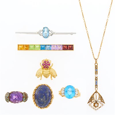 Lot 1159 - Three Gold, Silver and Gem-Set Rings, Three Pins and Pendant-Necklace