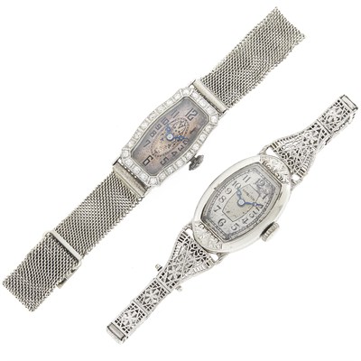 Lot 1260 - Two White Gold, Low Karat White Gold, Platinum and Diamond Wristwatches
