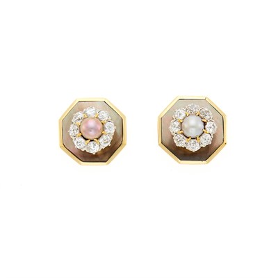 Lot 1019 - Pair of Gold, Platinum, Gray Pearl, Mother-of-Pearl and Diamond Earrings