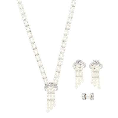 Lot 1064 - Platinum, White Gold, Cultured Pearl and Diamond Pendant-Necklace, Pair of Pendant-Earrings and Ring