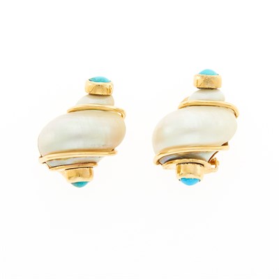 Lot 1021 - Seaman Schepps Pair of Gold, Shell and Turquoise 'Turbo Shell' Earclips