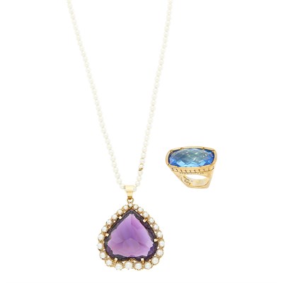 Lot 1200 - Silver-Gilt and Blue Topaz Ring and Gold, Amethyst and Cultured Pearl Heart Pendant-Necklace