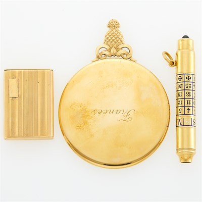 Lot 1225 - Tiffany & Co. Gold Mirror, Hardtmuth Gold and Enamel Perpetual Calendar Pencil-Pendant, France, and Longines Travel Clock
