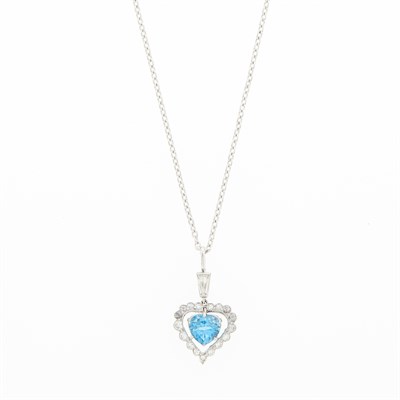 Lot 1073 - Platinum, Blue Zircon and Diamond Pendant with White Gold Chain Necklace