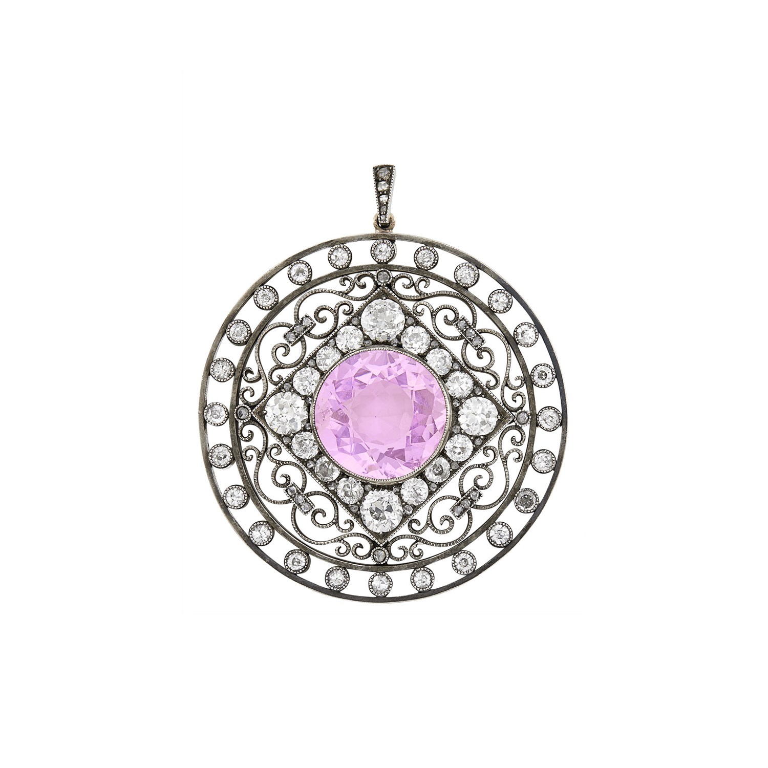 Lot 84 - August Holmström for Fabergé Antique Silver, Gold, Pink Sapphire and Diamond Brooch