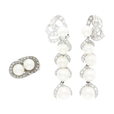 Lot 1049 - Pair of White Gold, Cultured Pearl and Diamond Pendant-Earclips and Ring