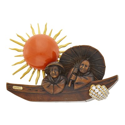 Lot 18 - Marc Koven Gold, Coral, Carved Wood and Diamond Brooch