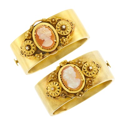 Lot 95 - Pair of Antique Gold and Hardstone Cameo and Seed Pearl Bangle Bracelets
