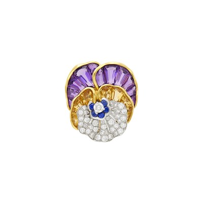 Lot 1171 - Oscar Heyman & Brothers Gold, Platinum, Amethyst, Citrine and Diamond Pansy Single Earclip