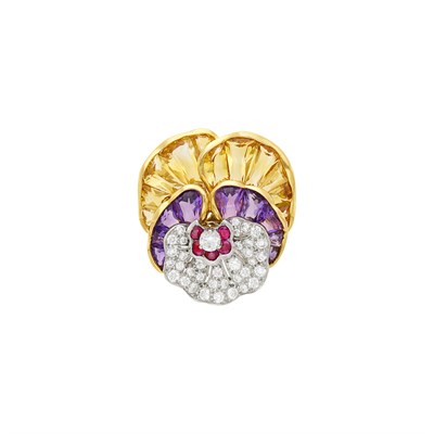 Lot 187 - Oscar Heyman & Brothers Gold, Platinum, Diamond, Ruby, Citrine and Amethyst Pansy Brooch