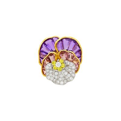Lot 186 - Oscar Heyman & Brothers Gold, Platinum, Diamond, Yellow Sapphire, Pink Tourmaline and Amethyst Pansy Brooch