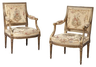 Lot 208 - Pair of Louis XVI Style Giltwood Tapestry Upholstered Fauteuils