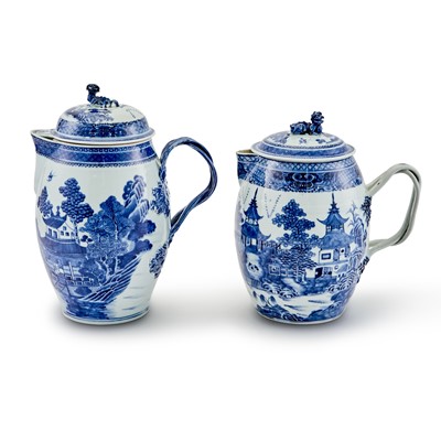 Lot 614 - Two Chinese Export Porcelain Blue and White Covered Cider Jugs