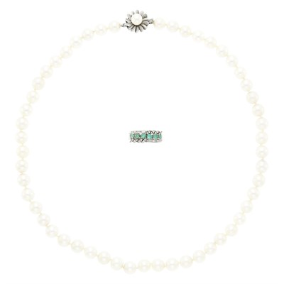 Lot 1202 - White Gold, Emerald and Diamond Ring and Cultured Pearl Necklace with White Gold and Cultured Pearl Clasp