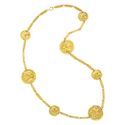 Lot 14 - Long Gold and Gold Medallion Link Necklace