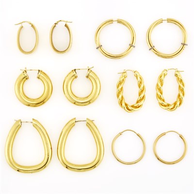 Lot 1235 - Six Pairs of Gold Hoop Earrings