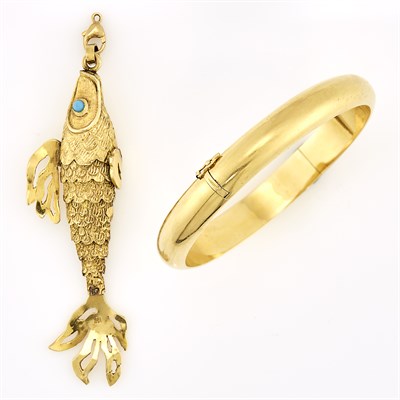 Lot 1237 - Gold Bangle Bracelet and Fish Pendant