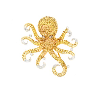 Lot 1135 - Tricolor Gold, Multicolored Sapphire, Diamond and Colored Diamond Octopus Brooch
