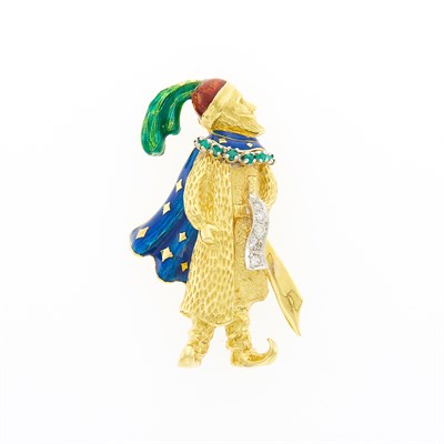 Lot 1080 - Cartier Gold, Enamel, Diamond and Emerald Male Figure Pin