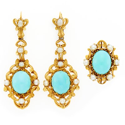 Lot 1211 - Pair of Gold, Turquoise and Cultured Pearl Pendant-Earrings and Ring