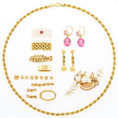 Lot 1212 - Group of Gold, Pink Stone and Cultured Pearl Jewelry and Fragments