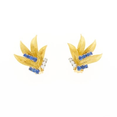 Lot 1082 - Pair of Gold, Sapphire and Diamond Earclips