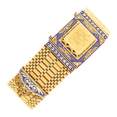 Lot 1168 - Gold, Blue Enamel and Split Pearl Bracelet