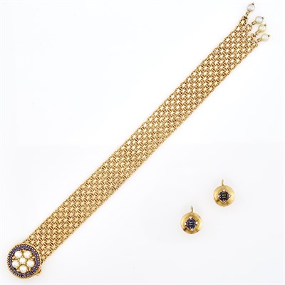 Lot 1195 - Gold, Cultured Pearl and Sapphire Slide Bracelet and Pair of Sapphire and Diamond Earrings