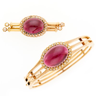 Lot 1220 - Antique Gold, Cabochon Garnet and Diamond Bangle Bracelet and Brooch, France