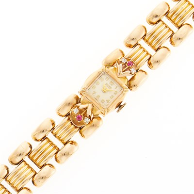 Lot 1196 - Rose Gold, Diamond and Synthetic Ruby Wristwatch