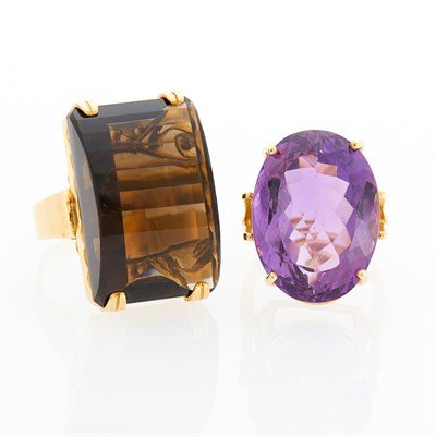 Lot 1163 - Two Gold, Amethyst and Smoky Quartz Rings