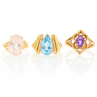 Lot 1264 - Three Gold, Low Karat Gold and Gem-Set Rings