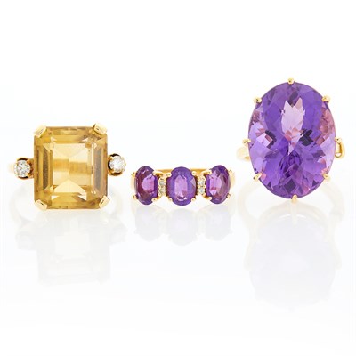 Lot 1188 - Three Gold, Amethyst, Citrine and Diamond Rings
