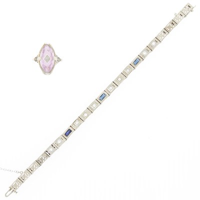 Lot 1217 - White Gold and Amethyst Ring and Synthetic Sapphire and Diamond Bracelet