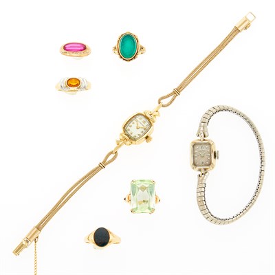 Lot 1273 - Five Gold, Low Karat Gold, Metal and Gem-Set Rings and Two Wristwatches