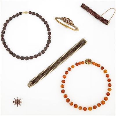 Lot 1214 - Group of Gold, Low Karat Gold, Silver, Metal, Garnet and Agate Bead Jewelry