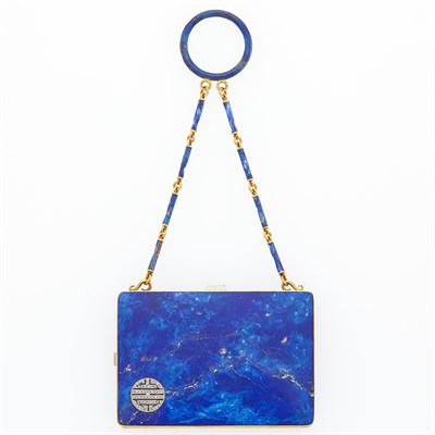 Lot 105 - Gold, Platinum, Blue Enamel, Lapis and Diamond Compact with Carrying Chain, France