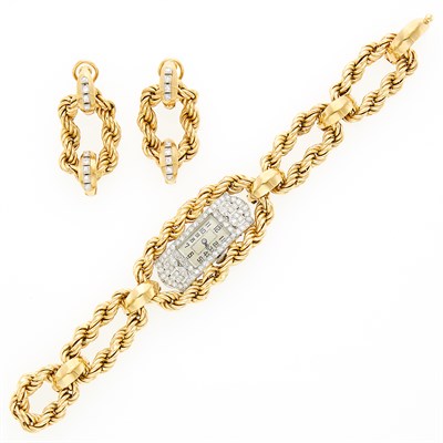 Lot 1111 - Platinum, Rope-Twist Gold and Diamond Bracelet-Watch and Pair of Hoop Pendant-Earclips