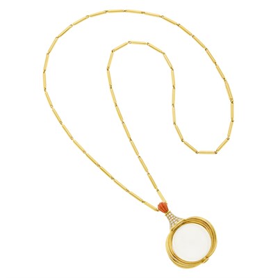 Lot 147 - Gold Link Necklace with Gold, Rock Crystal, Diamond and Coral Pendant