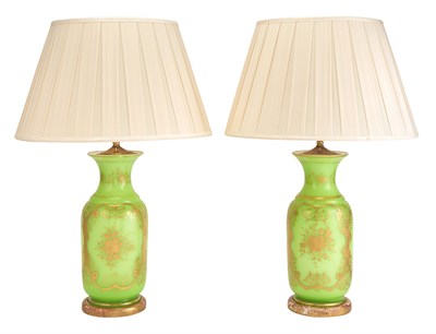 Lot 150 - Pair of Gilt Decorated Green Glass Table Lamps...