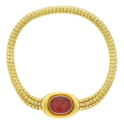 Lot 8 - Elizabeth Gage Triple Strand Hammered Gold and Red Glass Intaglio Necklace