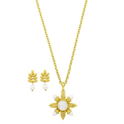 Lot 6 - Gold, Mother-of-Pearl Cameo, Diamond and Cultured Pearl Pendant-Brooch Necklace and Pair of Pendant-Earrings
