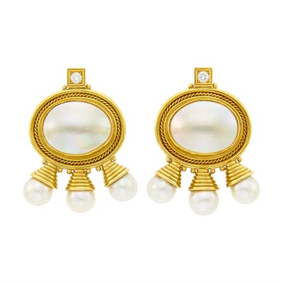Lot 7 - Elizabeth Gage Pair of Gold, Mabé and Cultured Pearl and Diamond 'African Queen' Earclips