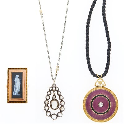 Lot 1155 - Antique Gold, Purple Guilloché Enamel and Diamond Locket, Rose Gold and Hardstone Cameo Ring and Silver and Diamond Pendant