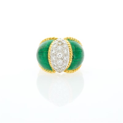 Lot 1127 - Two-Color Gold, Diamond and Green Enamel Ring