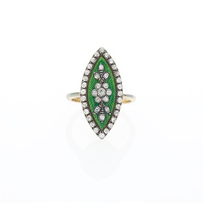 Lot 1160 - Antique Gold, Silver, Green Guilloché Enamel and Diamond Ring