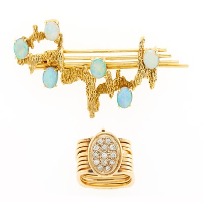Lot 1211 - Gold and Diamond Ring-Bracelet and Gold and Opal Brooch